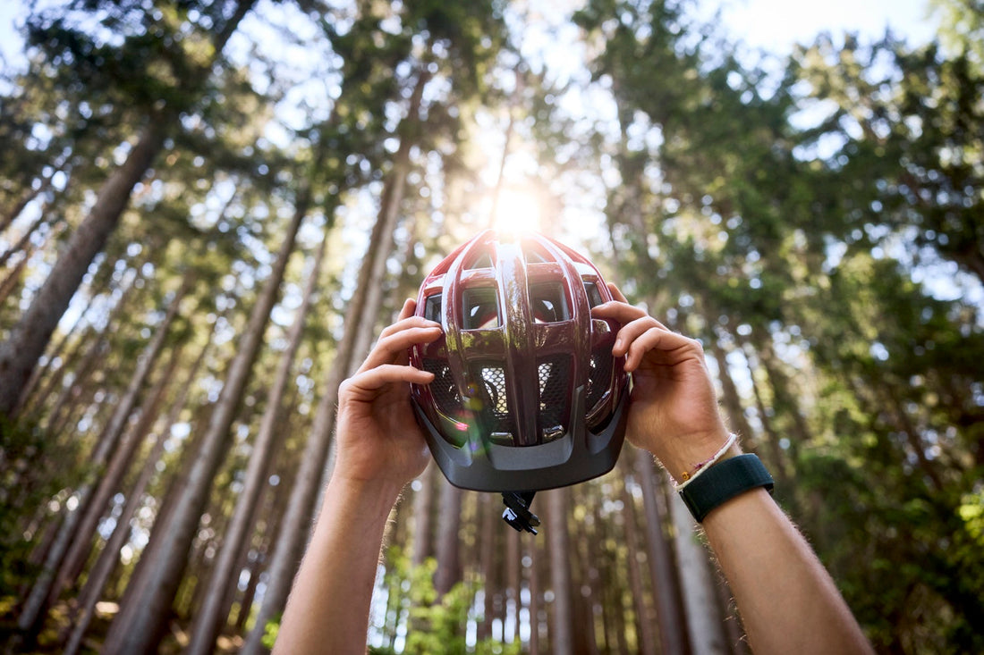 Hände halten einen Fahrradhelm im Wald gegen das Licht und prüfen die Helmschale.